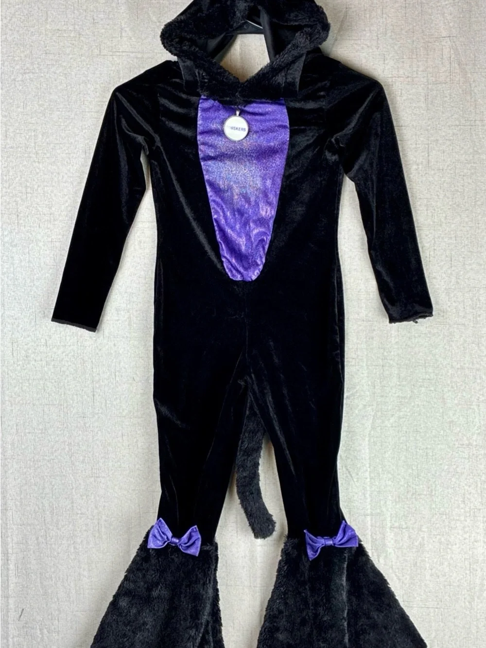Black Cat Costume Bodysuit Whiskers Hoodie Purple Bows S 4-6 Tail Pretty Kitty